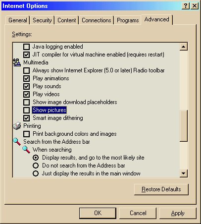 Screenshot of IE browser settings
