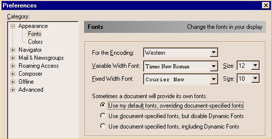 Screenshot of Netscape preferences window